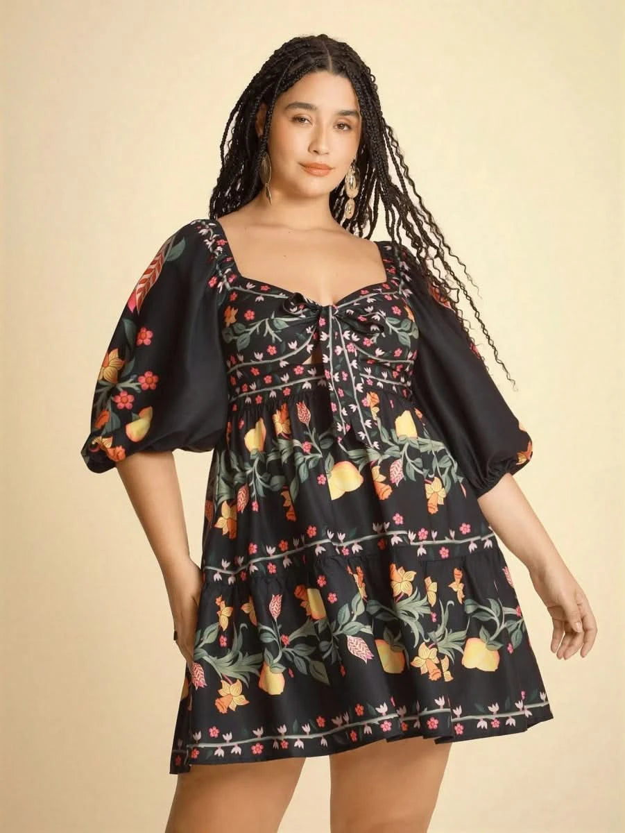 Boho Lemon & Floral Puff Sleeve Mini Dress - Satin Whisper