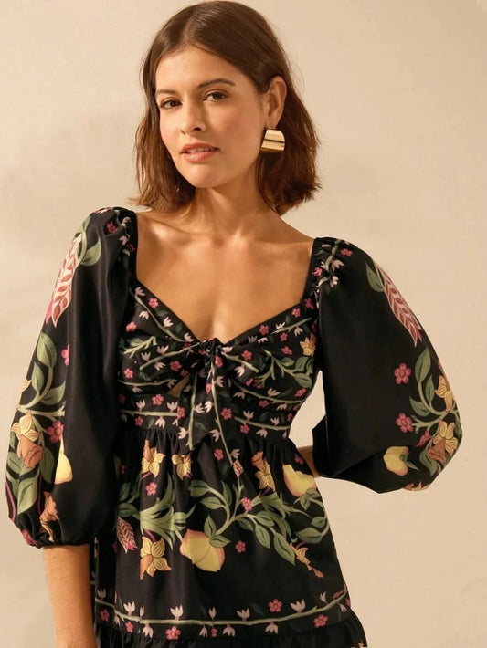 Boho Lemon & Floral Puff Sleeve Mini Dress - Satin Whisper