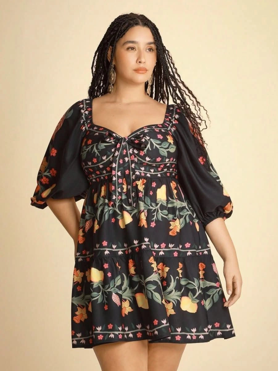 Boho Lemon & Floral Puff Sleeve Mini Dress - Satin Whisper