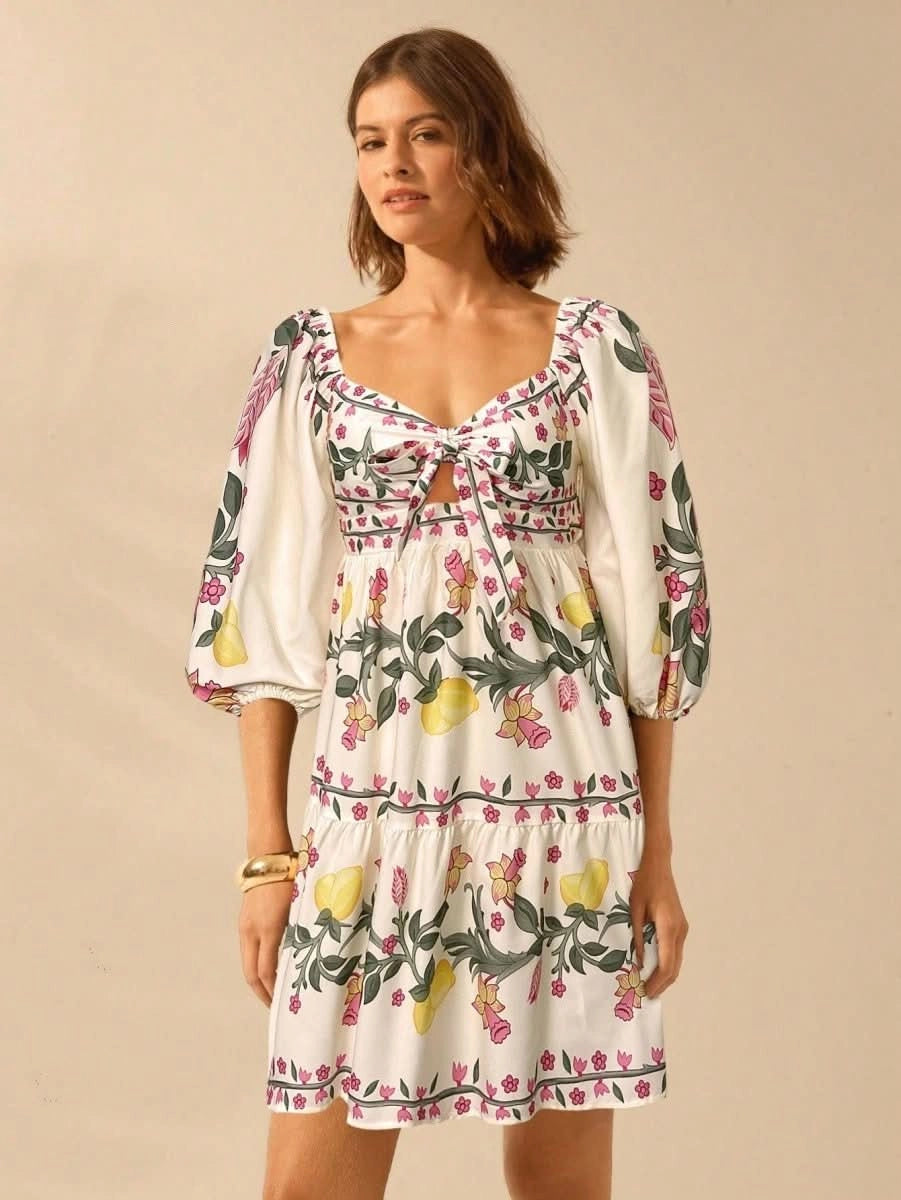 Boho Lemon & Floral Puff Sleeve Mini Dress - Satin Whisper