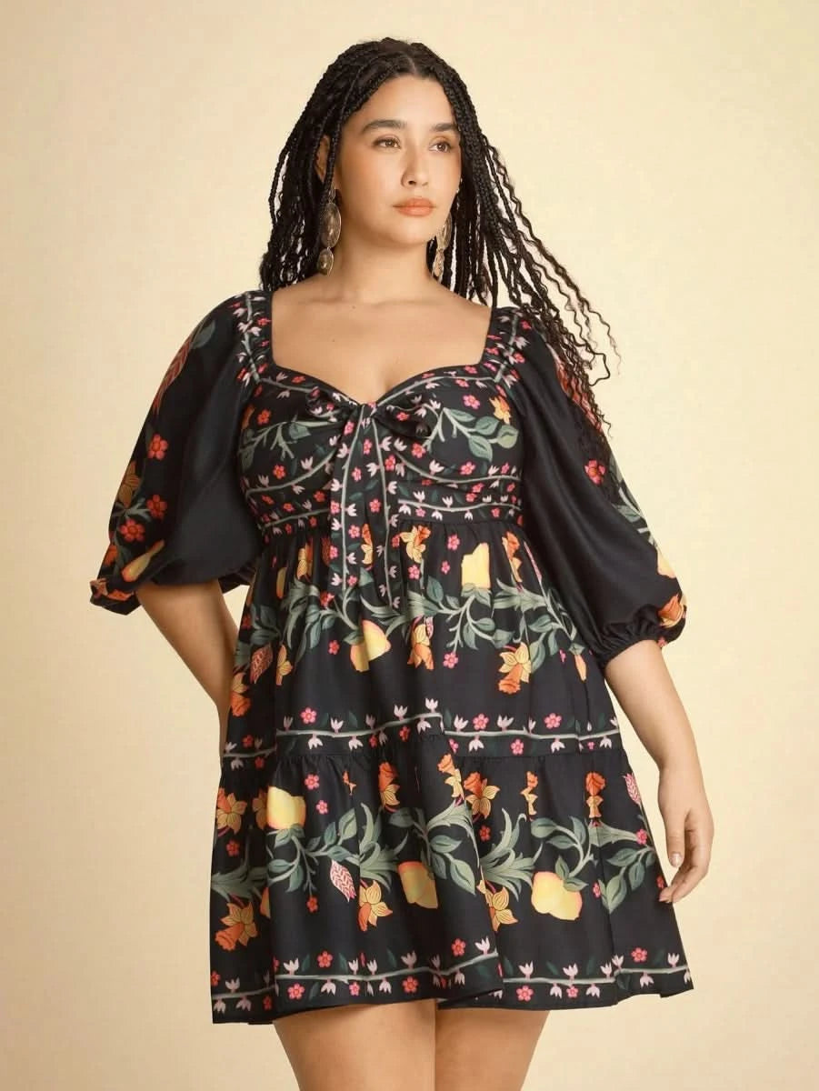 Boho Lemon & Floral Puff Sleeve Mini Dress - Satin Whisper