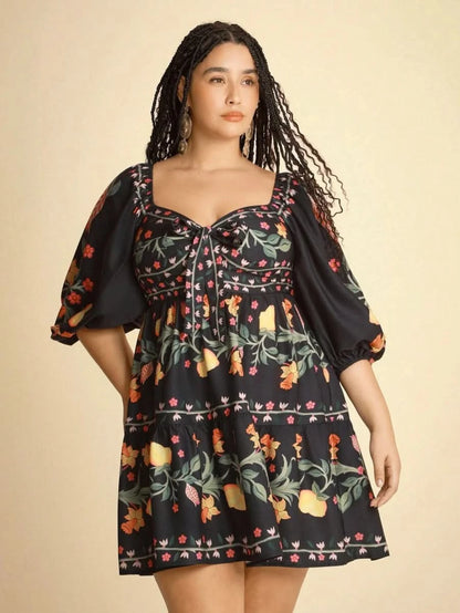 Boho Lemon & Floral Puff Sleeve Mini Dress - Satin Whisper