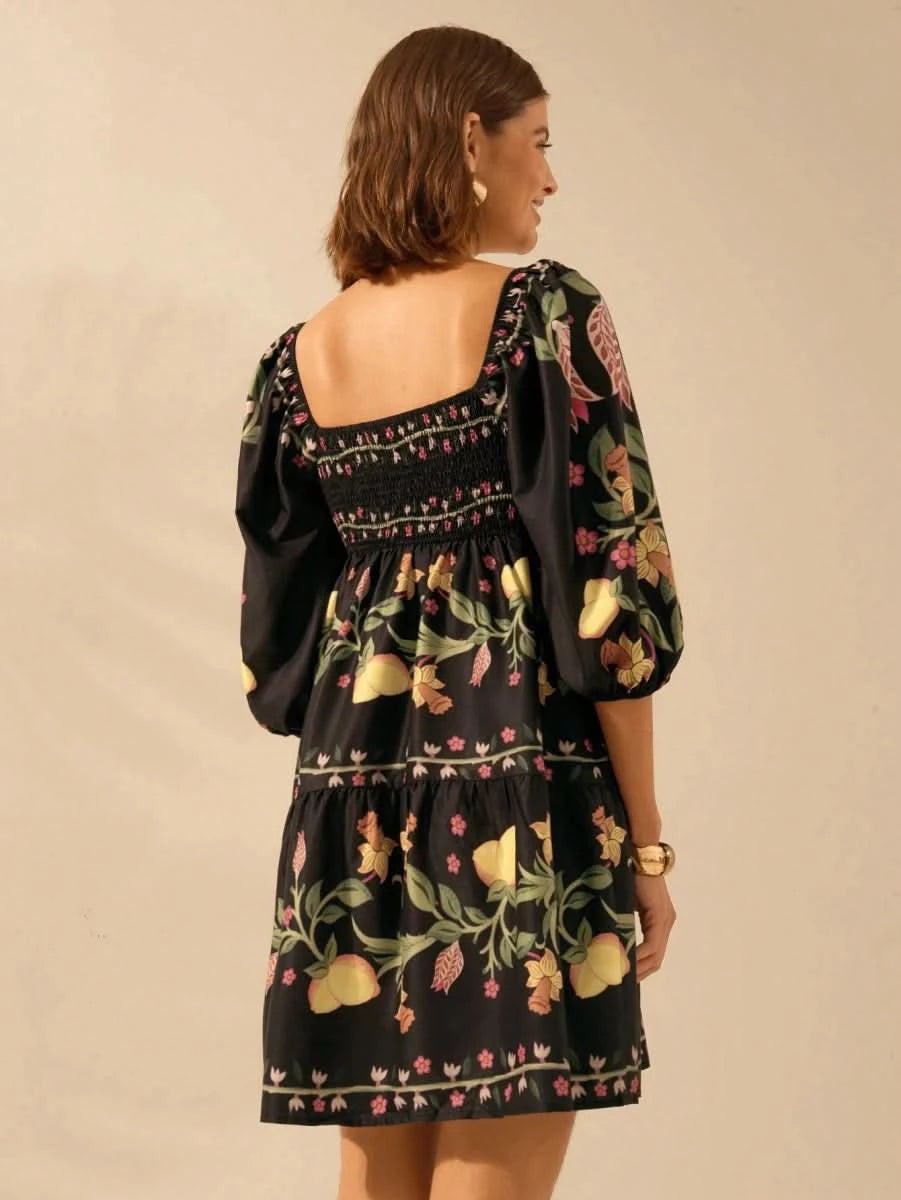 Boho Lemon & Floral Puff Sleeve Mini Dress - Satin Whisper