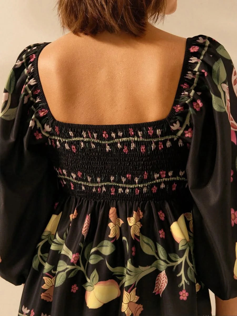 Boho Lemon & Floral Puff Sleeve Mini Dress - Satin Whisper