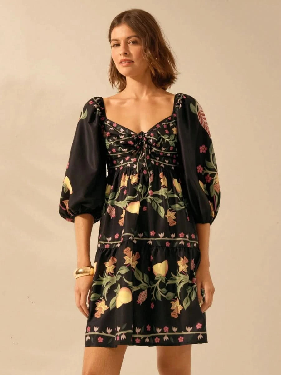 Boho Lemon & Floral Puff Sleeve Mini Dress - Satin Whisper