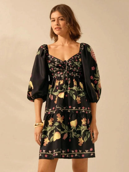 Boho Lemon & Floral Puff Sleeve Mini Dress - Satin Whisper