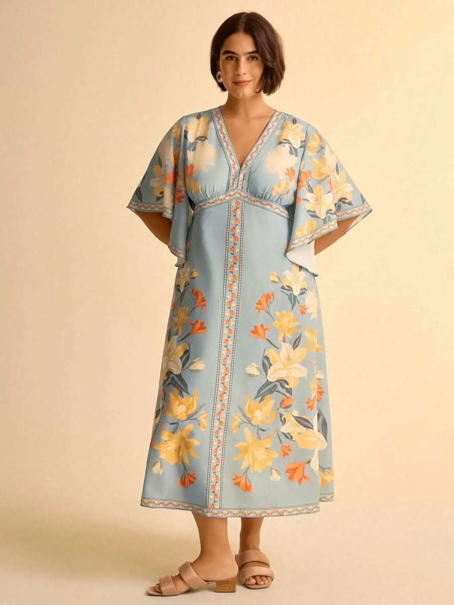 Boho Tropical Floral Maxi Dress with Flounce Sleeves - Satin Whisper