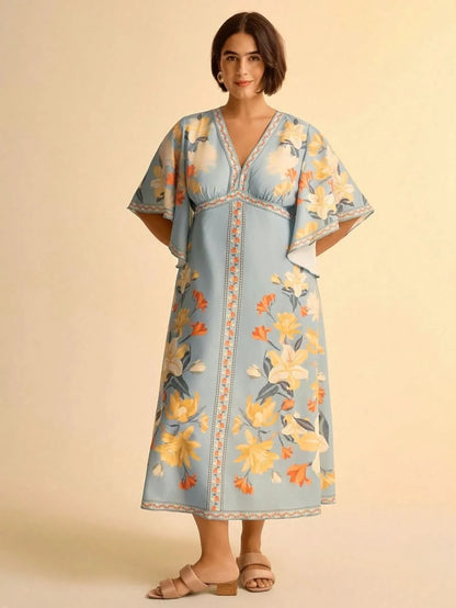 Boho Tropical Floral Maxi Dress with Flounce Sleeves - Satin Whisper