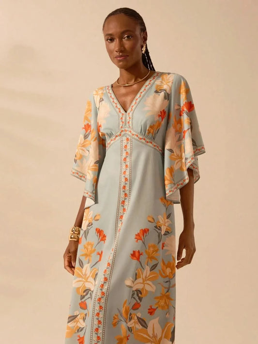 Boho Tropical Floral Maxi Dress with Flounce Sleeves - Satin Whisper