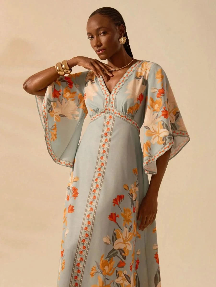 Boho Tropical Floral Maxi Dress with Flounce Sleeves - Satin Whisper