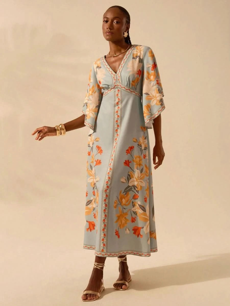 Boho Tropical Floral Maxi Dress with Flounce Sleeves - Satin Whisper