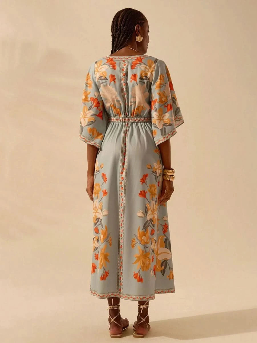 Boho Tropical Floral Maxi Dress with Flounce Sleeves - Satin Whisper