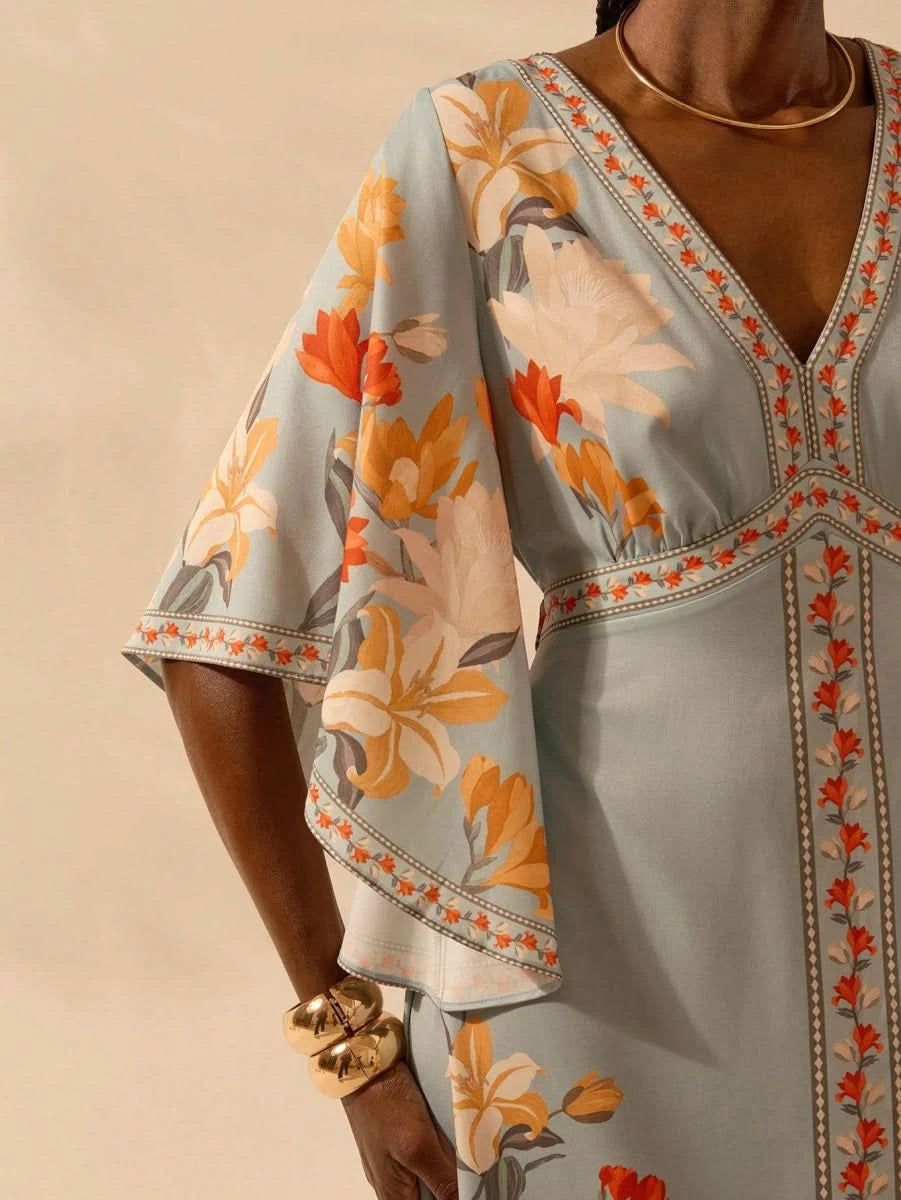Boho Tropical Floral Maxi Dress with Flounce Sleeves - Satin Whisper