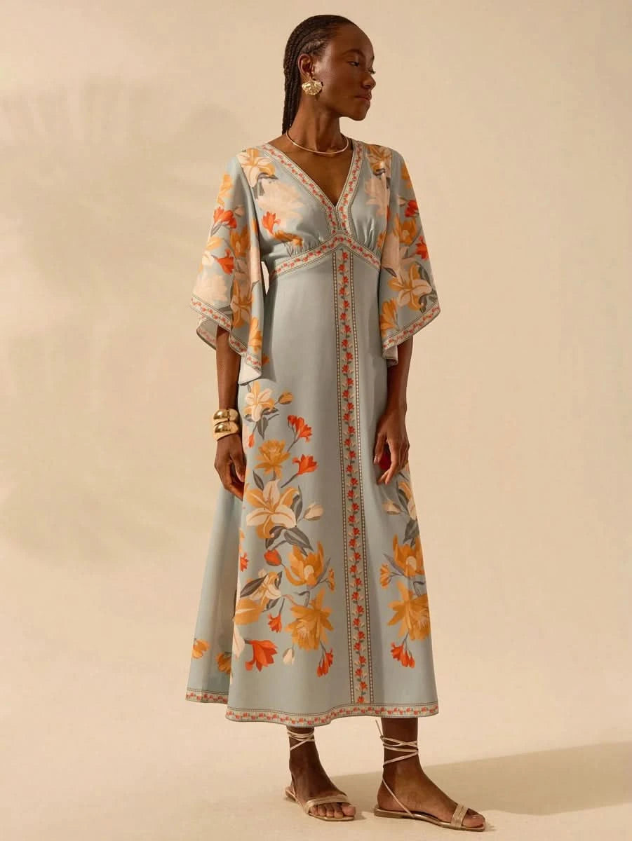 Boho Tropical Floral Maxi Dress with Flounce Sleeves - Satin Whisper