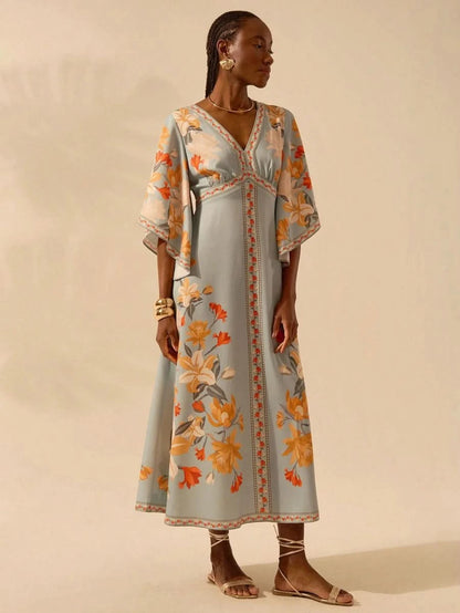 Boho Tropical Floral Maxi Dress with Flounce Sleeves - Satin Whisper