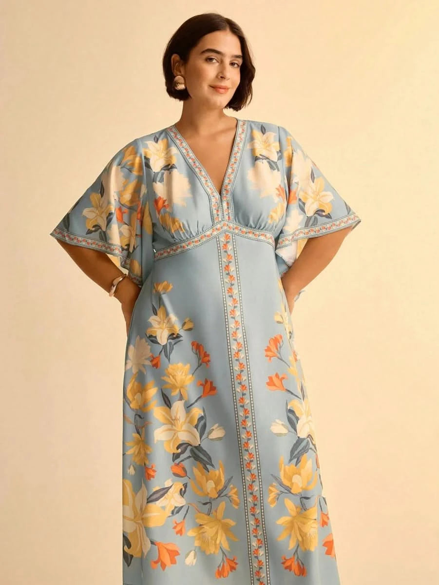 Boho Tropical Floral Maxi Dress with Flounce Sleeves - Satin Whisper