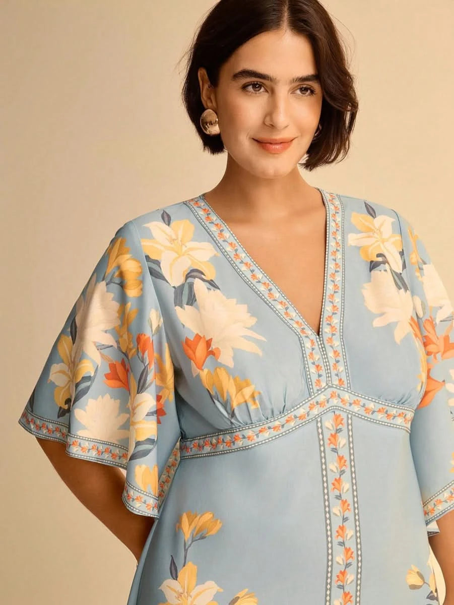 Boho Tropical Floral Maxi Dress with Flounce Sleeves - Satin Whisper