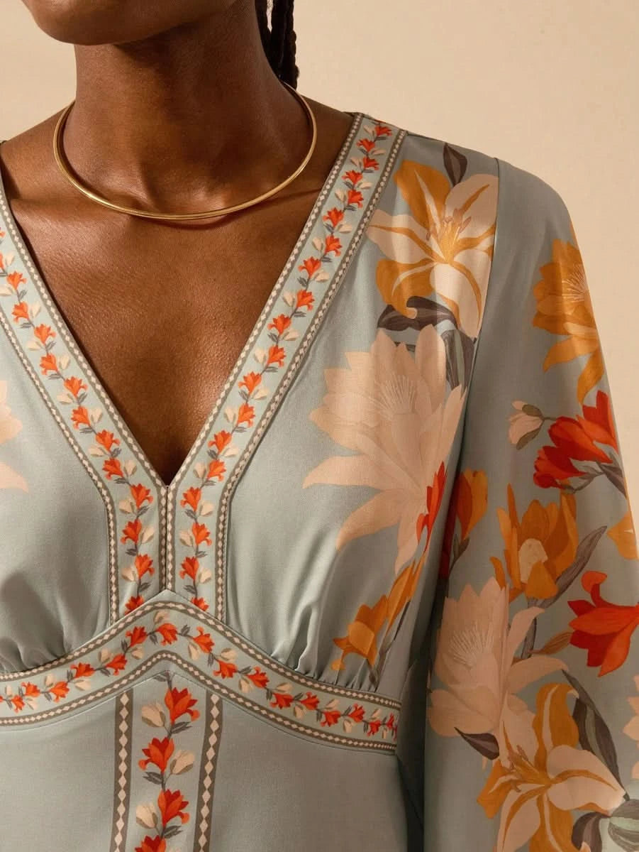 Boho Tropical Floral Maxi Dress with Flounce Sleeves - Satin Whisper