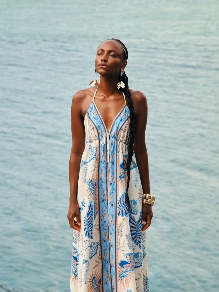 Boho Tropical Halter Maxi Dress in Blue - Beige Print - Satin Whisper