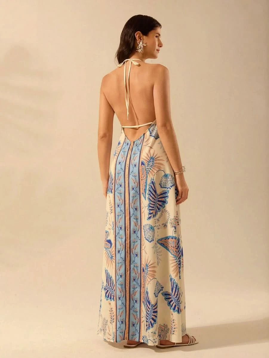 Boho Tropical Halter Maxi Dress in Blue - Beige Print - Satin Whisper