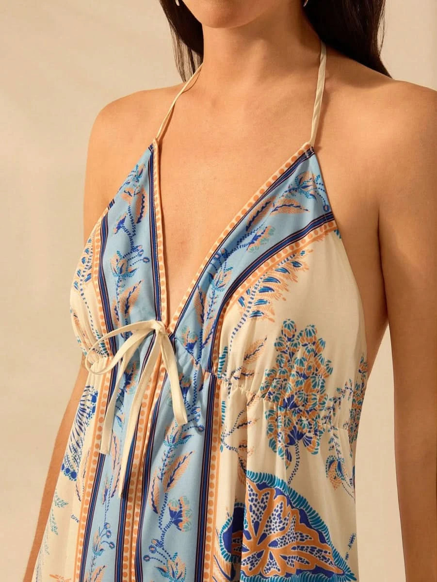 Boho Tropical Halter Maxi Dress in Blue - Beige Print - Satin Whisper