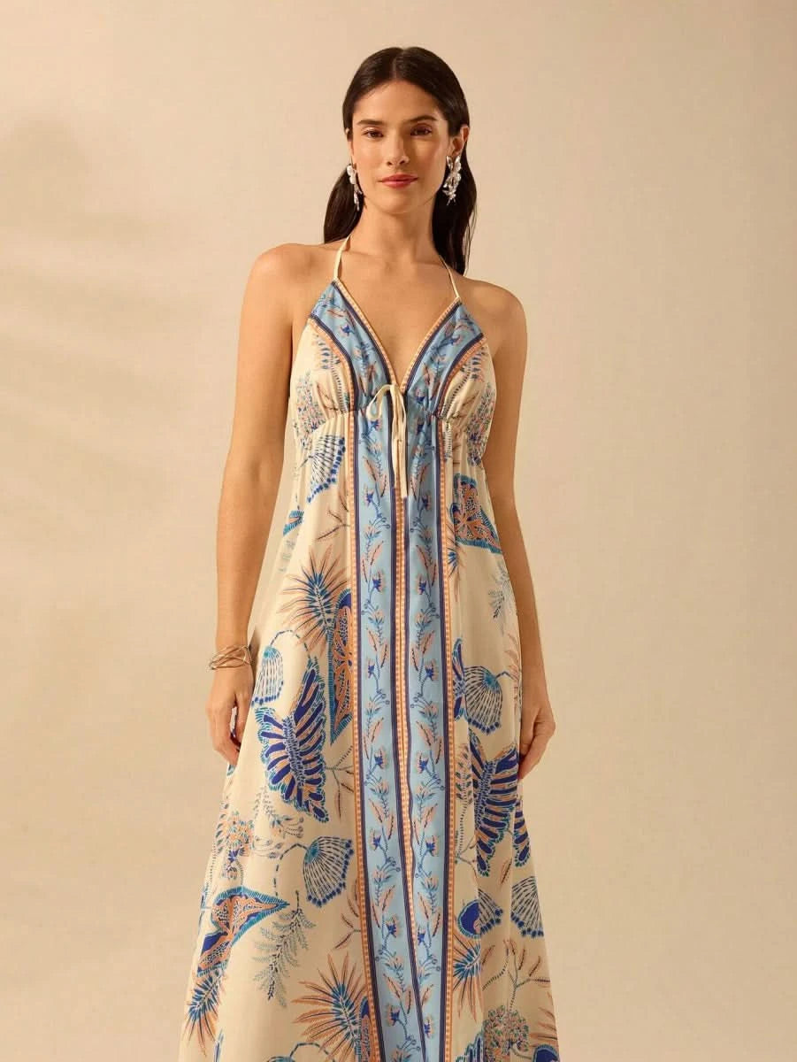 Boho Tropical Halter Maxi Dress in Blue - Beige Print - Satin Whisper