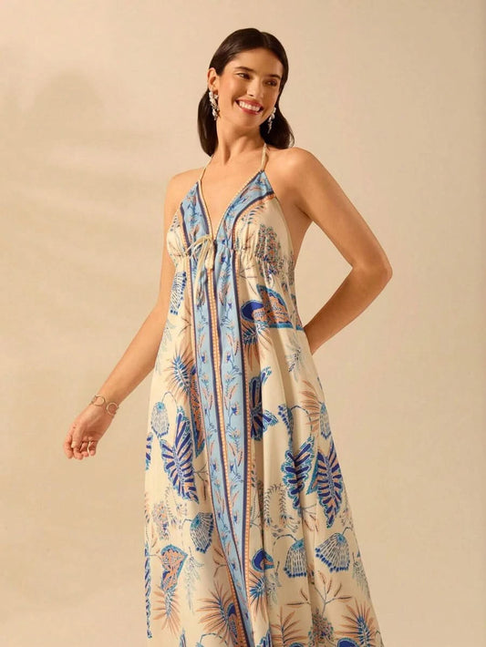 Boho Tropical Halter Maxi Dress in Blue - Beige Print - Satin Whisper