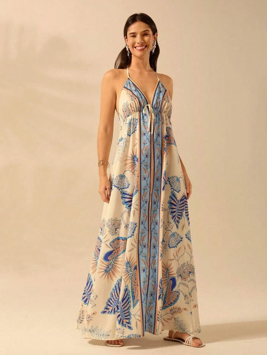 Boho Tropical Halter Maxi Dress in Blue - Beige Print - Satin Whisper