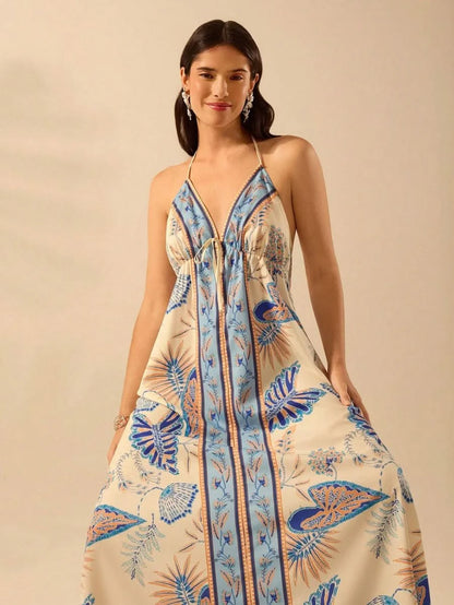Boho Tropical Halter Maxi Dress in Blue - Beige Print - Satin Whisper