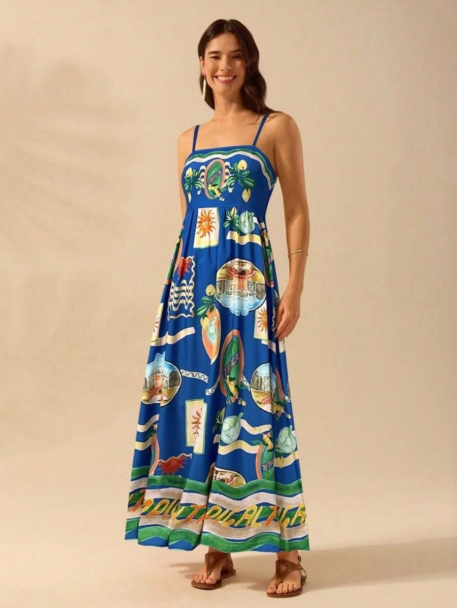 Boho Tropical Maxi Dress with Spaghetti Straps & Exclusive Print - Satin Whisper
