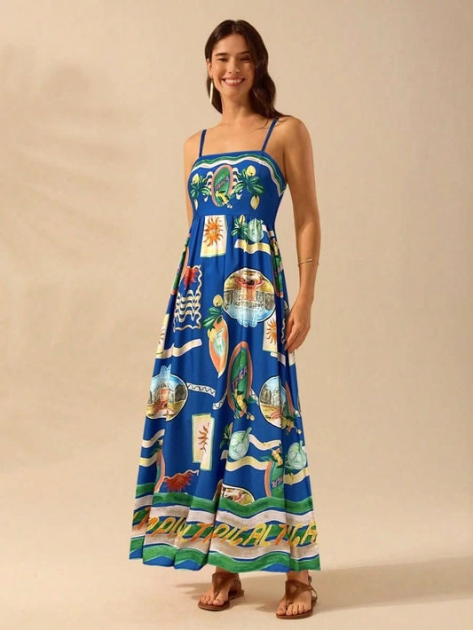 Boho Tropical Maxi Dress with Spaghetti Straps & Exclusive Print - Satin Whisper