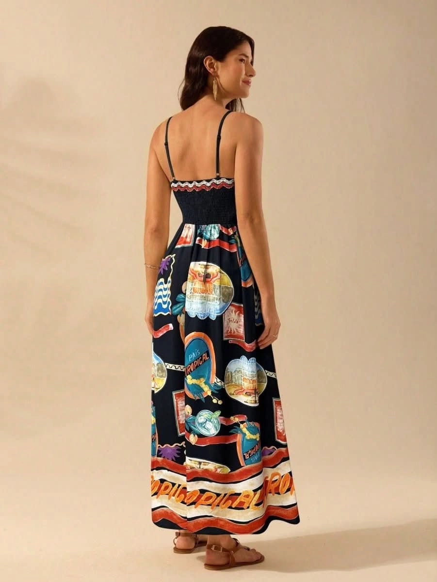 Boho Tropical Maxi Dress with Spaghetti Straps & Exclusive Print - Satin Whisper