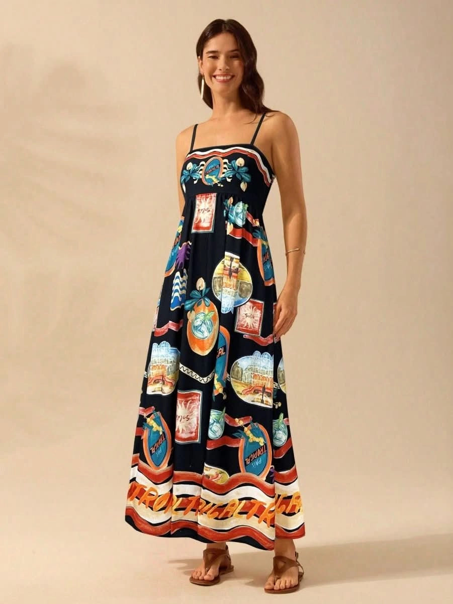 Boho Tropical Maxi Dress with Spaghetti Straps & Exclusive Print - Satin Whisper