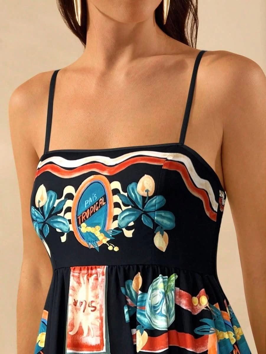 Boho Tropical Maxi Dress with Spaghetti Straps & Exclusive Print - Satin Whisper
