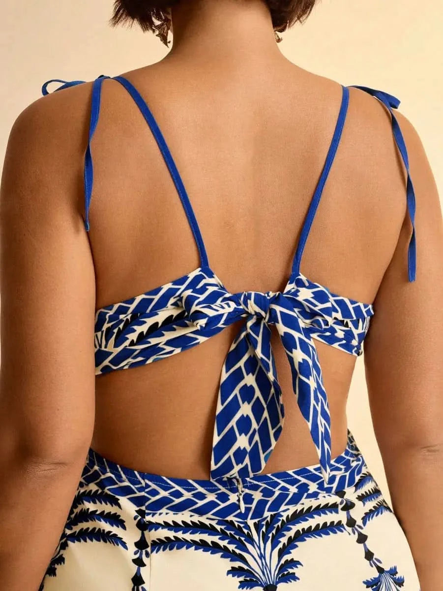 Boho Blue Palm - Print Maxi Dress with Side Cut - Out & Tie - Back - Satin Whisper