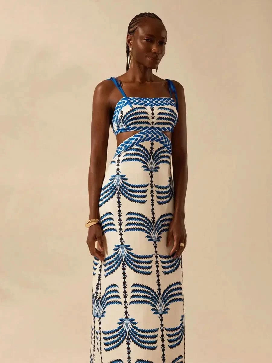 Boho Blue Palm - Print Maxi Dress with Side Cut - Out & Tie - Back - Satin Whisper