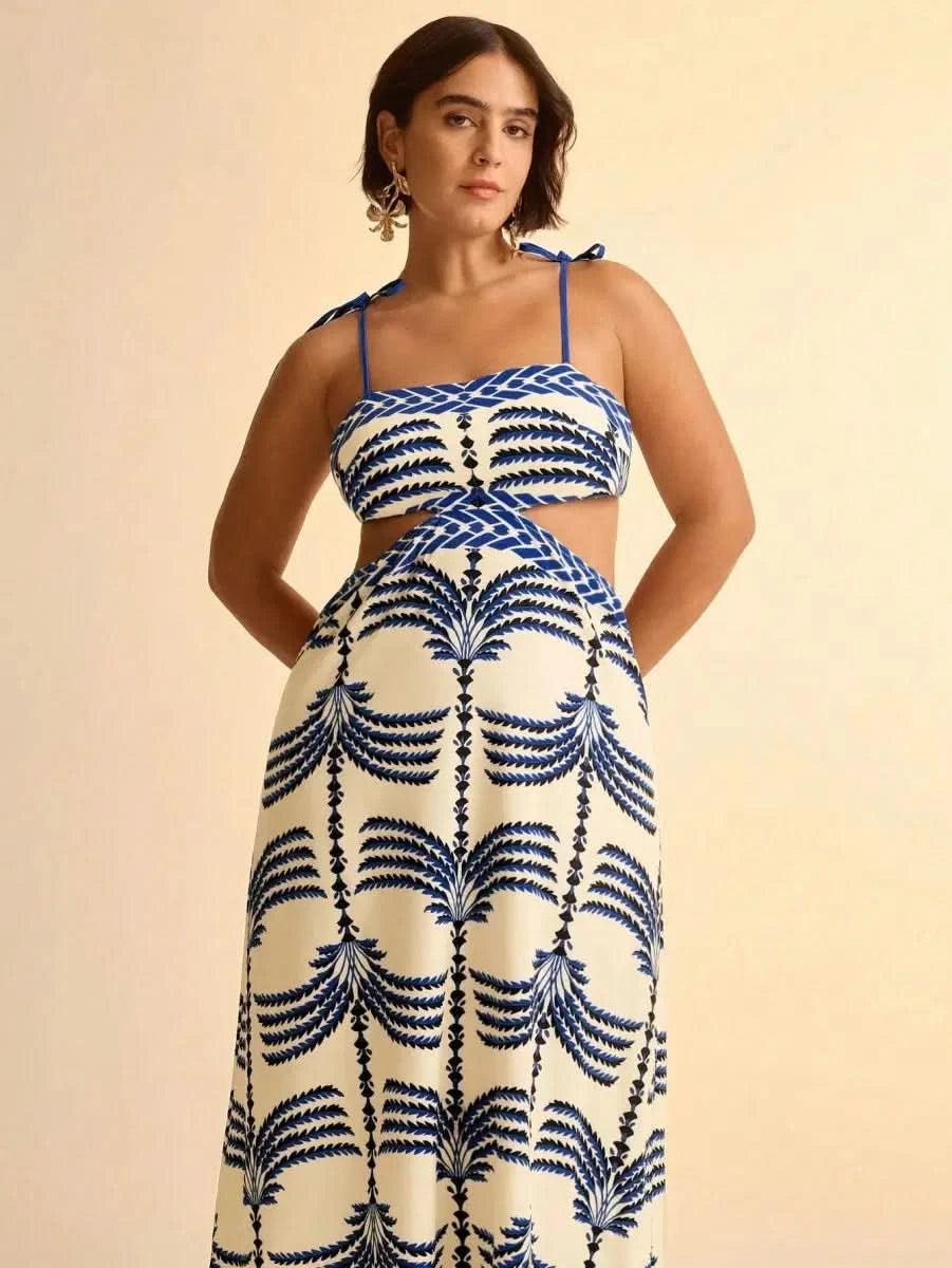 Boho Blue Palm - Print Maxi Dress with Side Cut - Out & Tie - Back - Satin Whisper