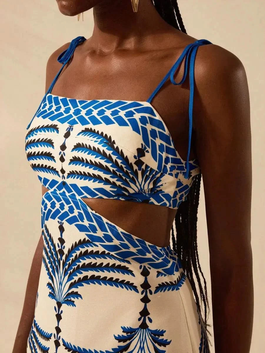 Boho Blue Palm - Print Maxi Dress with Side Cut - Out & Tie - Back - Satin Whisper