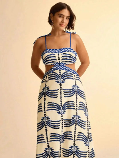 Boho Blue Palm - Print Maxi Dress with Side Cut - Out & Tie - Back - Satin Whisper