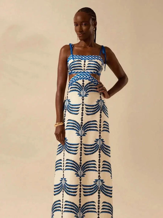 Boho Blue Palm - Print Maxi Dress with Side Cut - Out & Tie - Back - Satin Whisper