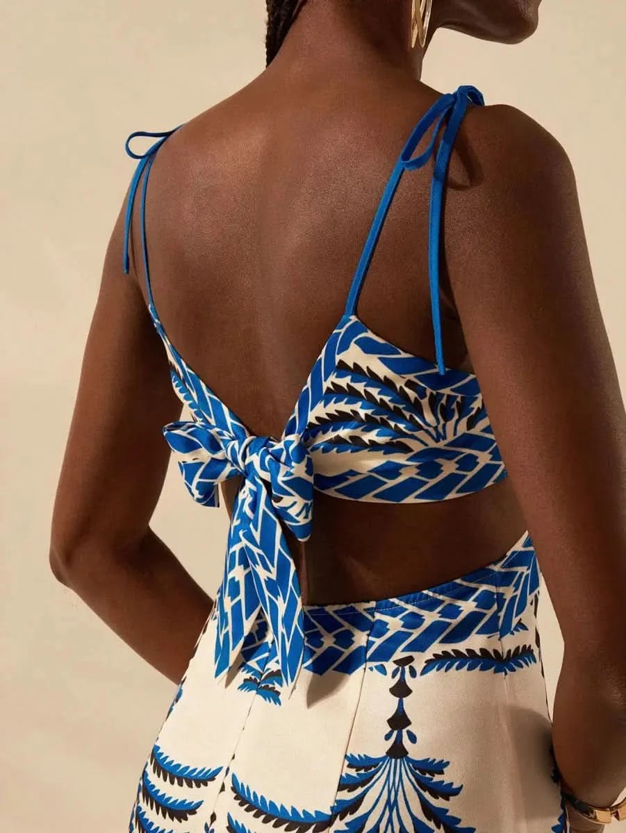 Boho Blue Palm - Print Maxi Dress with Side Cut - Out & Tie - Back - Satin Whisper
