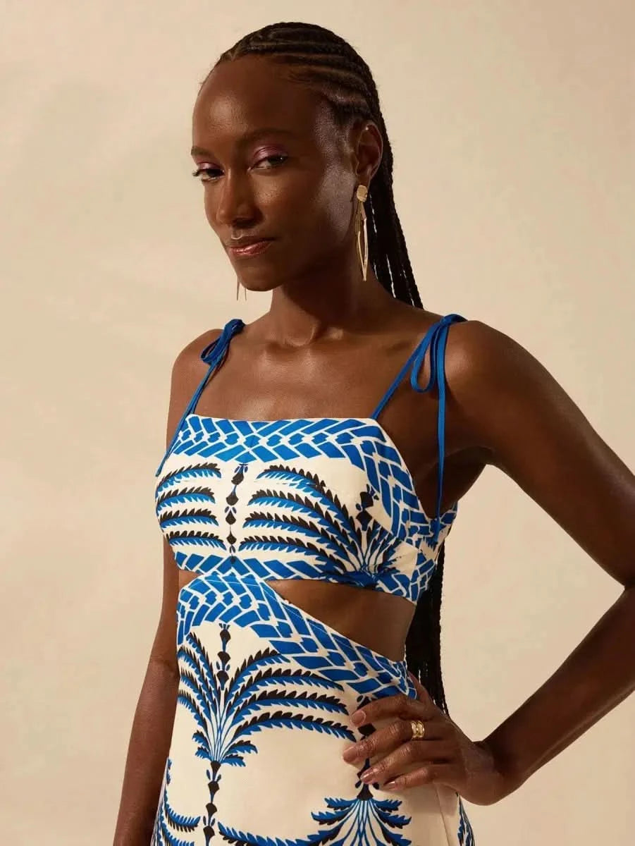 Boho Blue Palm - Print Maxi Dress with Side Cut - Out & Tie - Back - Satin Whisper