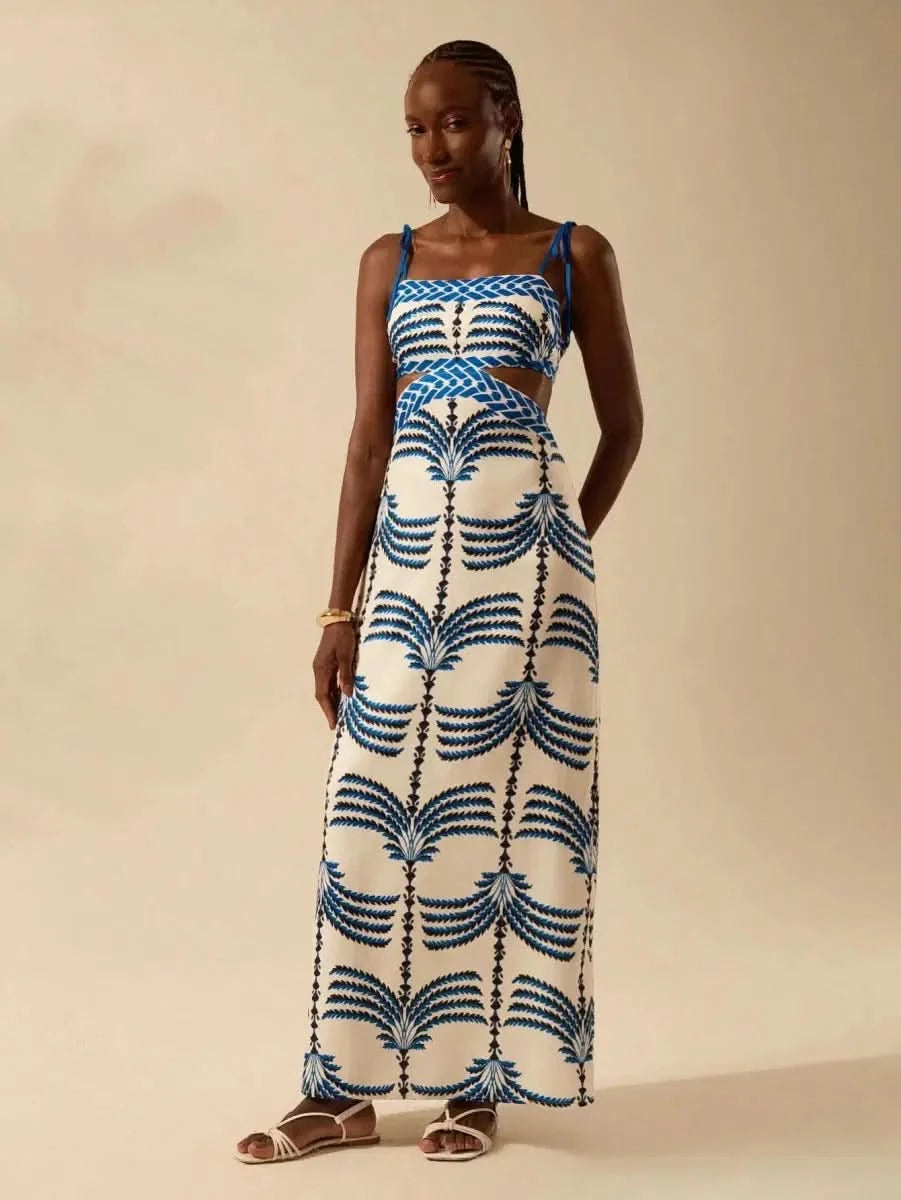 Boho Blue Palm - Print Maxi Dress with Side Cut - Out & Tie - Back - Satin Whisper