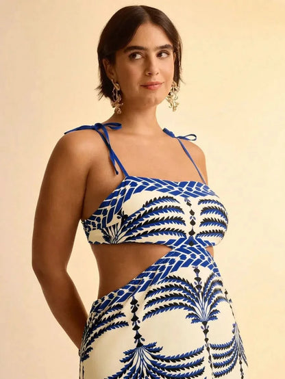 Boho Blue Palm - Print Maxi Dress with Side Cut - Out & Tie - Back - Satin Whisper