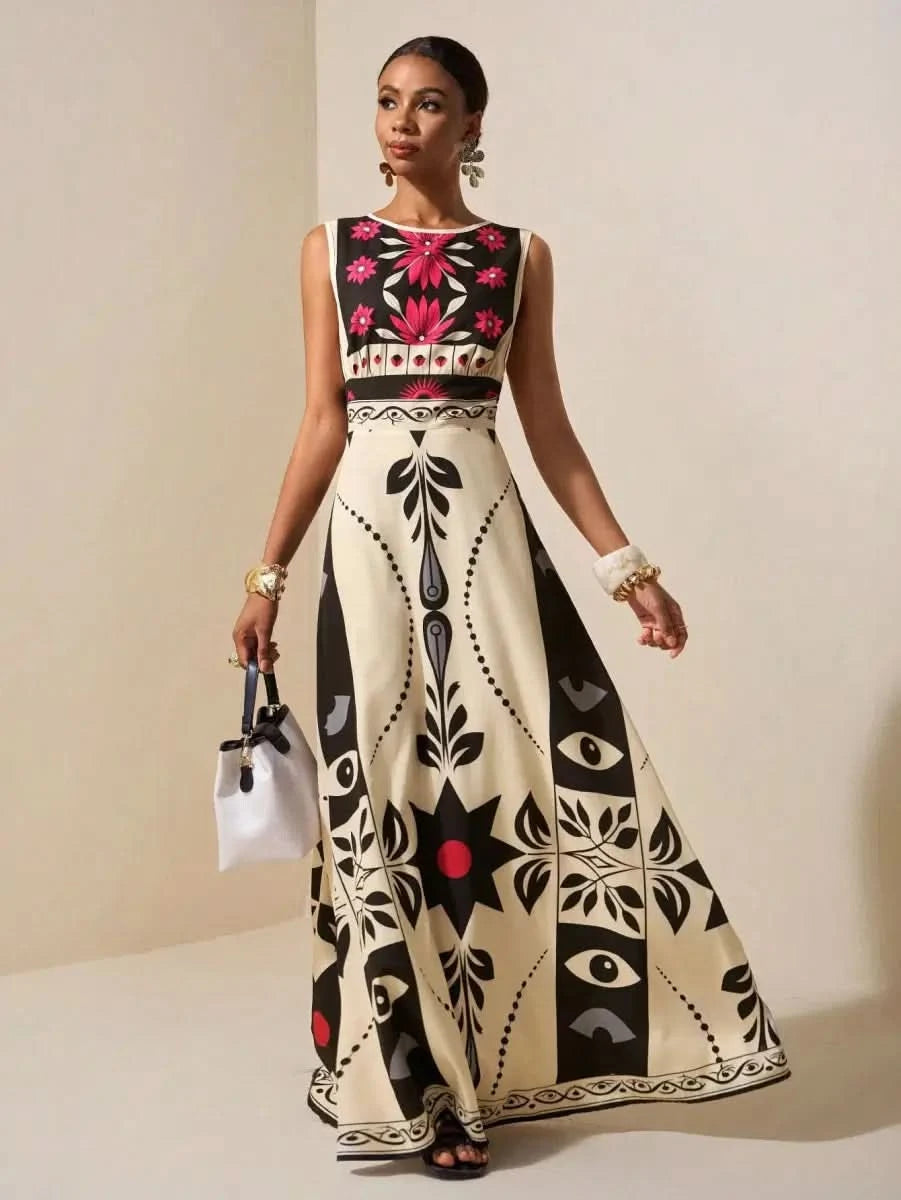 Boho Ethnic Maxi Dress with Graphic Print and Floral Accents – Modern Elegance - Satin Whisper