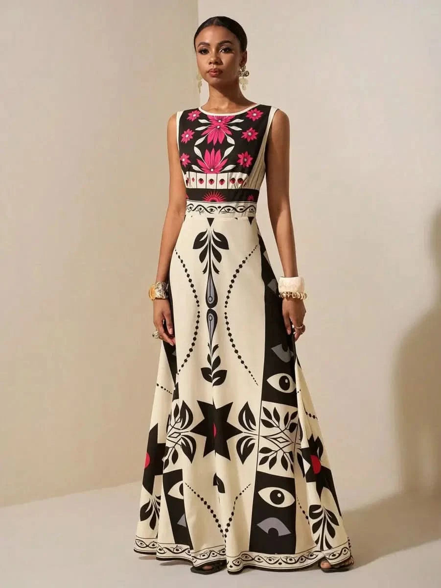 Boho Ethnic Maxi Dress with Graphic Print and Floral Accents – Modern Elegance - Satin Whisper