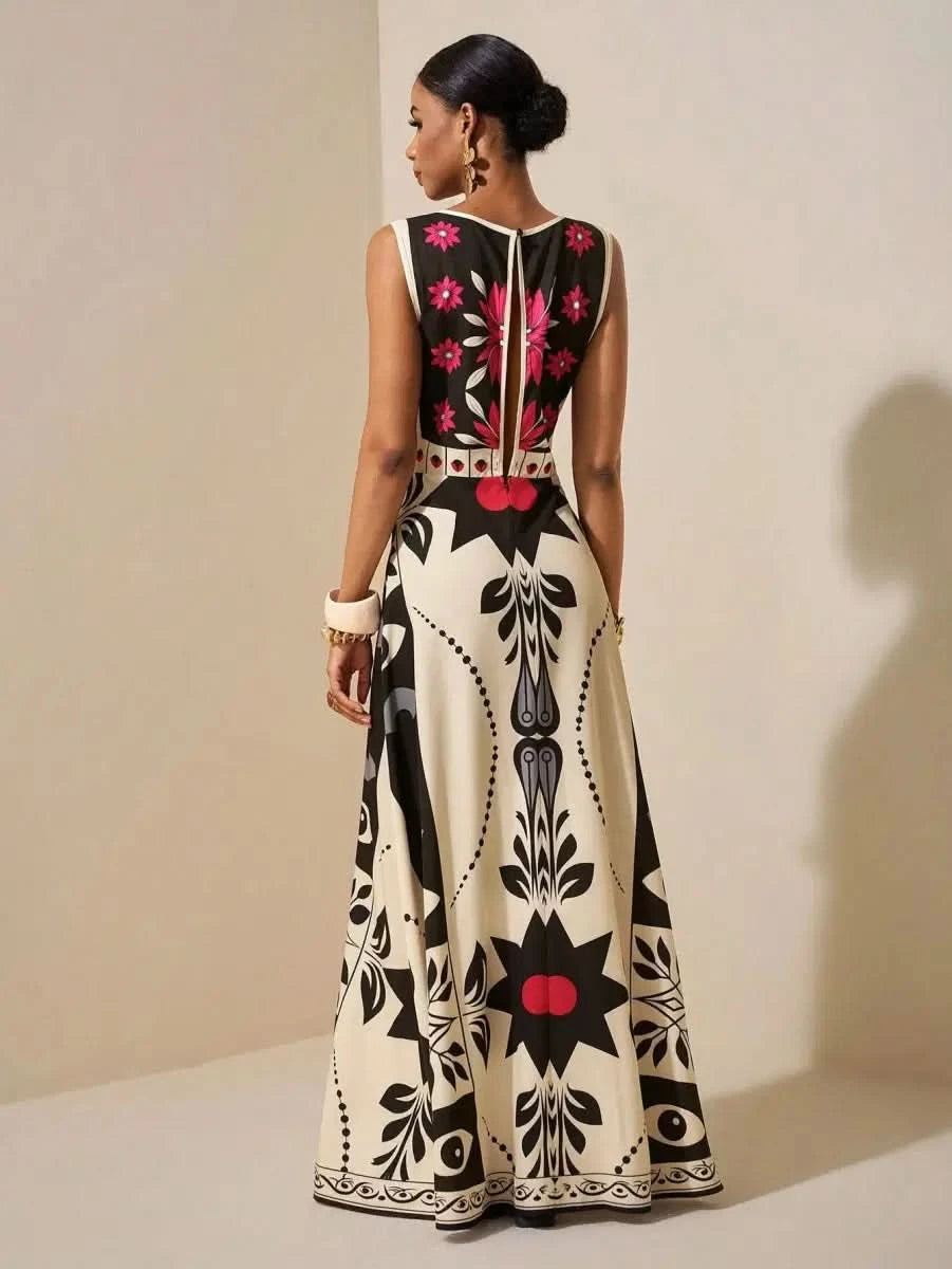Boho Ethnic Maxi Dress with Graphic Print and Floral Accents – Modern Elegance - Satin Whisper