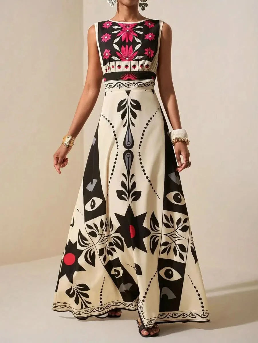 Boho Ethnic Maxi Dress with Graphic Print and Floral Accents – Modern Elegance - Satin Whisper