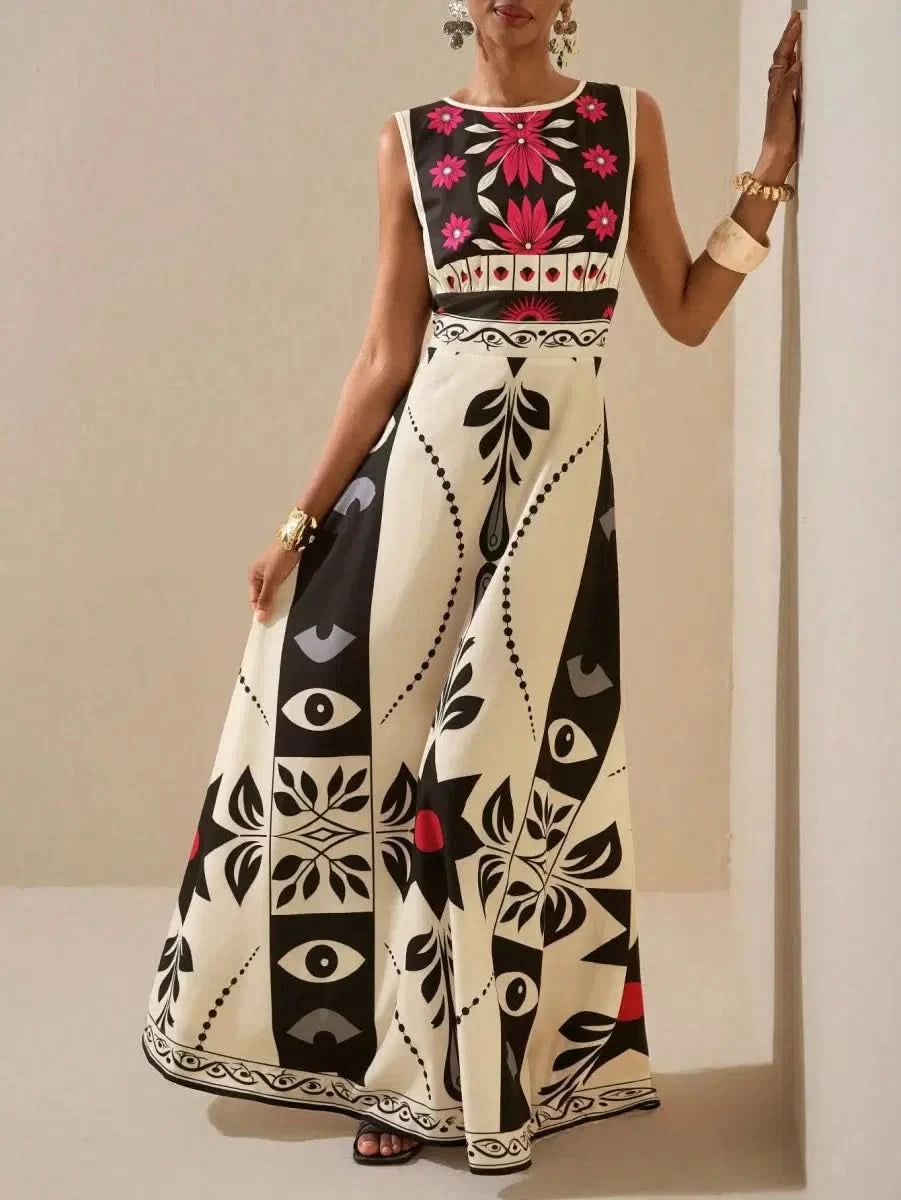 Boho Ethnic Maxi Dress with Graphic Print and Floral Accents – Modern Elegance - Satin Whisper