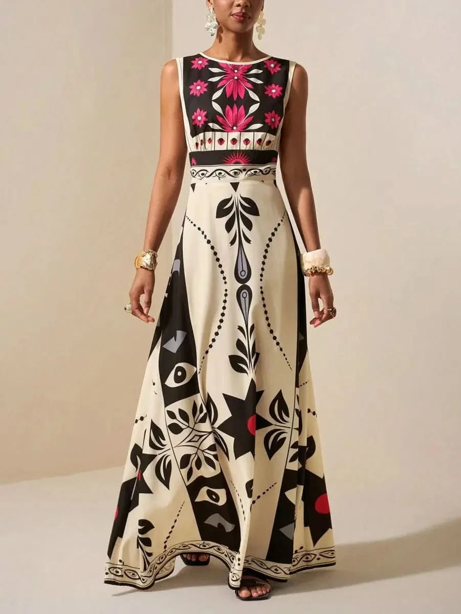 Boho Ethnic Maxi Dress with Graphic Print and Floral Accents – Modern Elegance - Satin Whisper